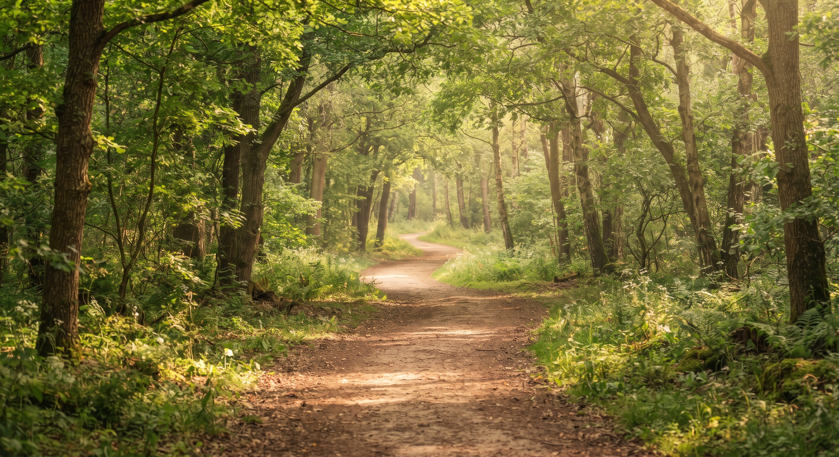 Sun-dappled path through a peaceful forest