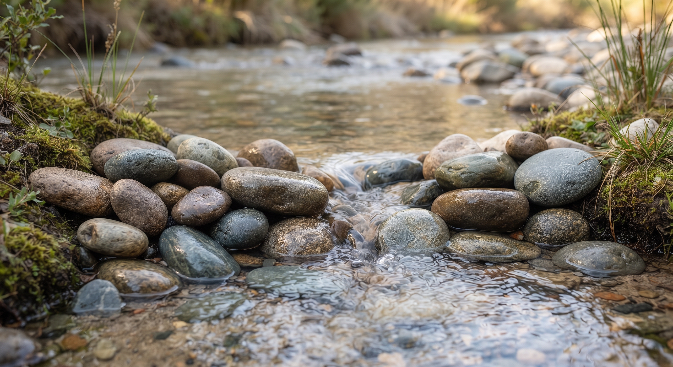 Smooth river stones by calm water